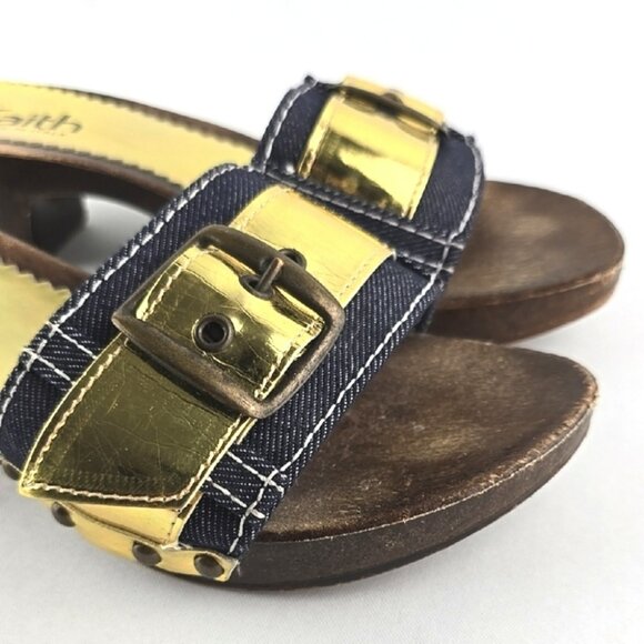 Faith Women's Gold Denim Slip On Upper Buckle Strap Mule Sandal Sole Size 6 - Picture 7 of 16